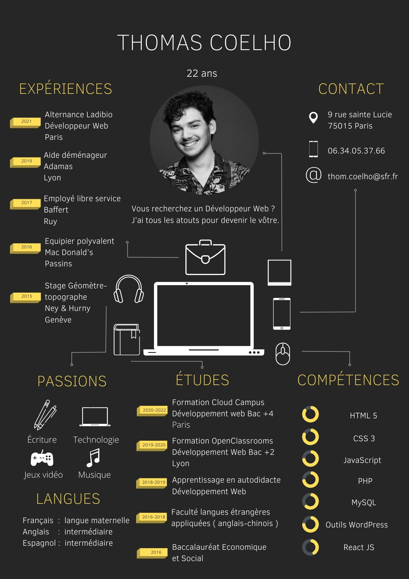 Curriculum Vitae, Thomas Coelho, développeur HTML, CSS, PHP, Javascript, ReactJS